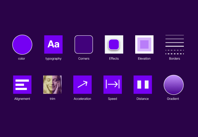 Übersicht der Design-Token-Kategorien: Farbe, Typografie, Radien, Effekte, Elevation, Borders, Alignment, Speed, Distance, Gradient